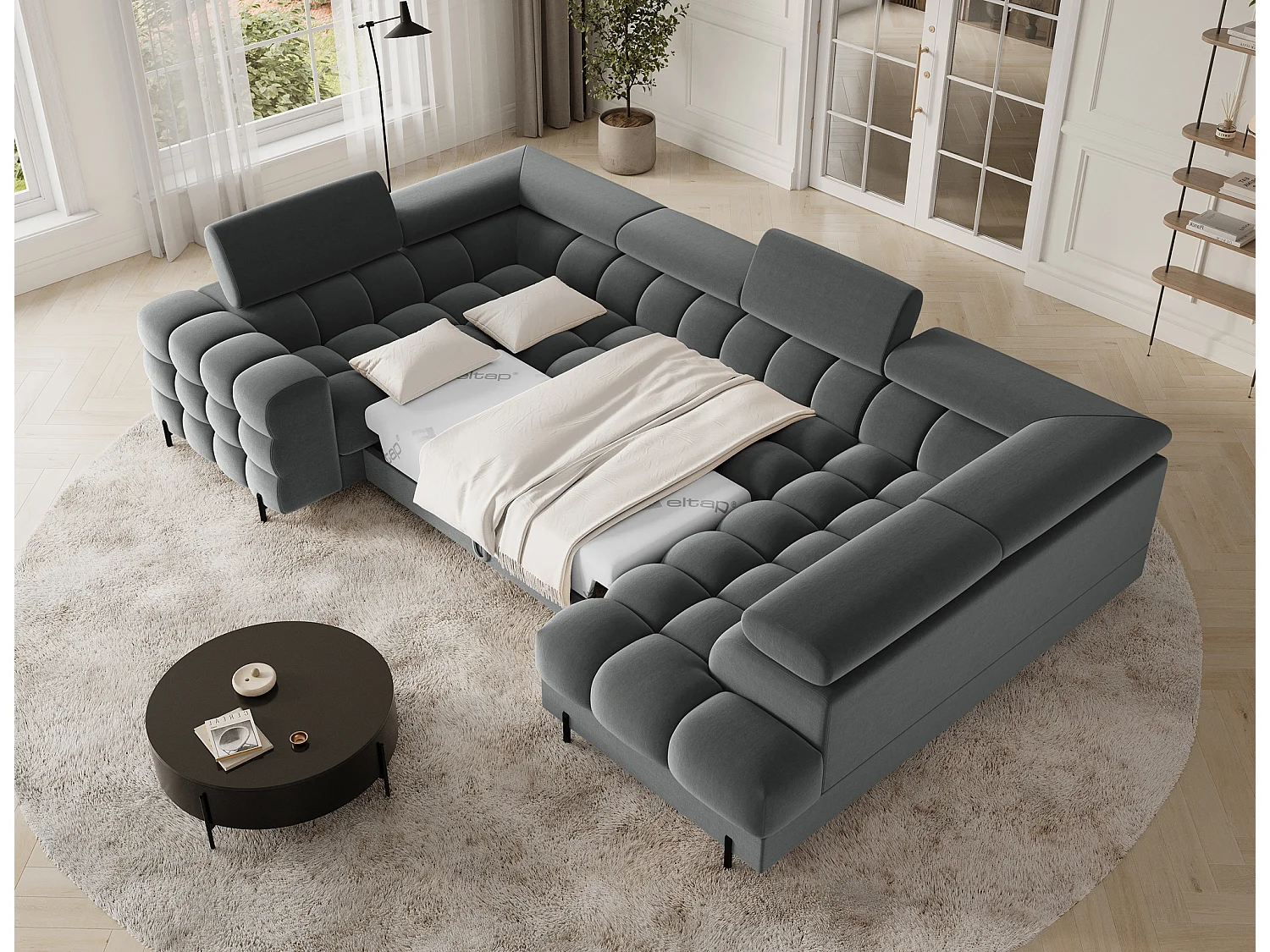 Grand canapé en U en tissu KARBON – Avec fonction lit et coffre-Gris anthracite-Méridienne A droite