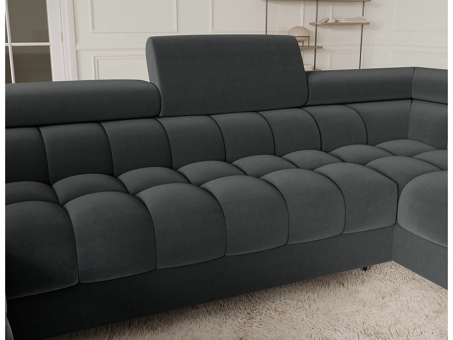 Grand canapé en U en tissu KARBON – Avec fonction lit et coffre-Gris anthracite-Méridienne A droite