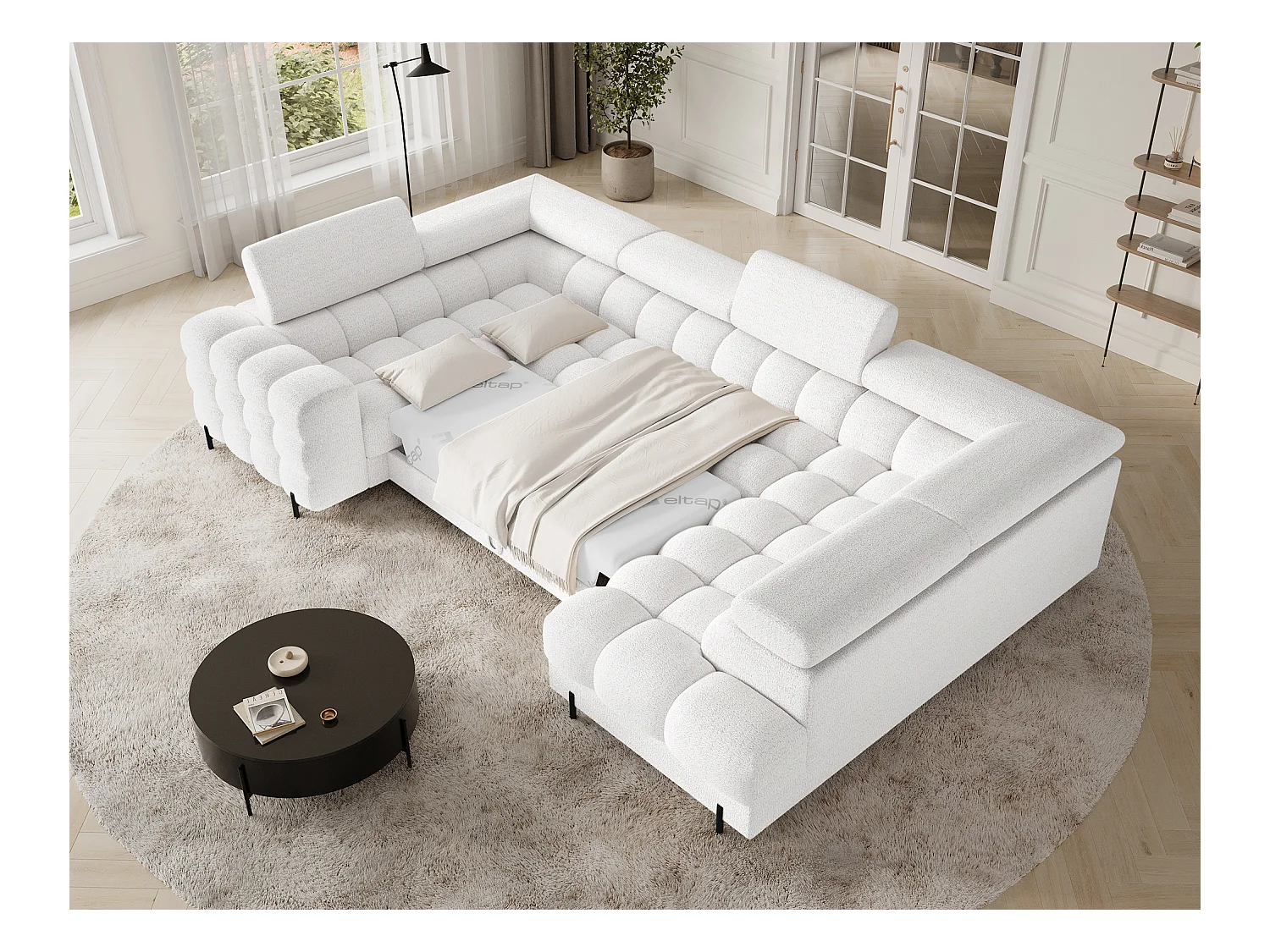 Canapé d'angle Brasilia UR/revêtement en tissu/lit et coffre de lit/Blanc-Bouclé