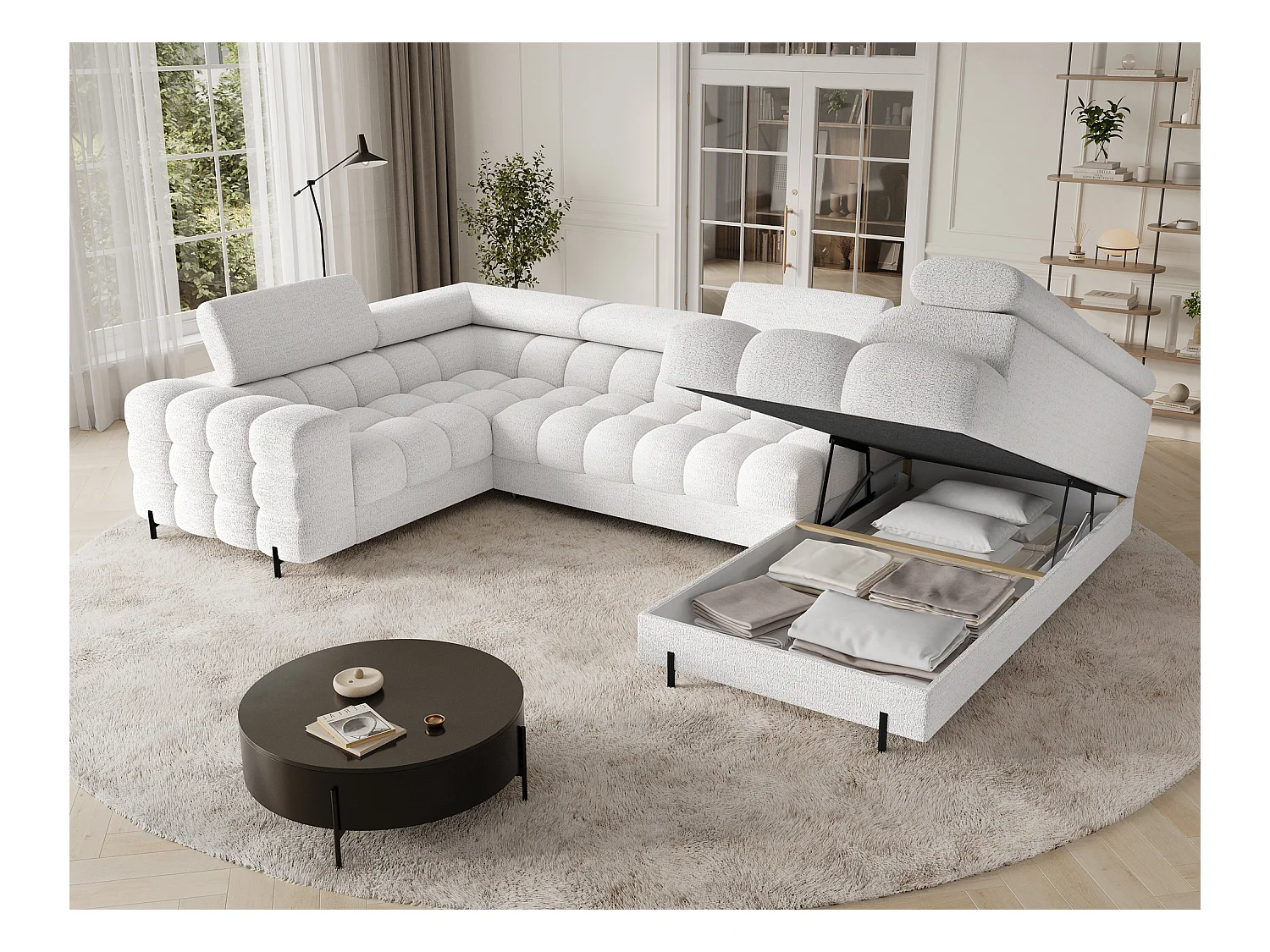 Canapé d'angle Brasilia UR/revêtement en tissu/lit et coffre de lit/Blanc-Bouclé