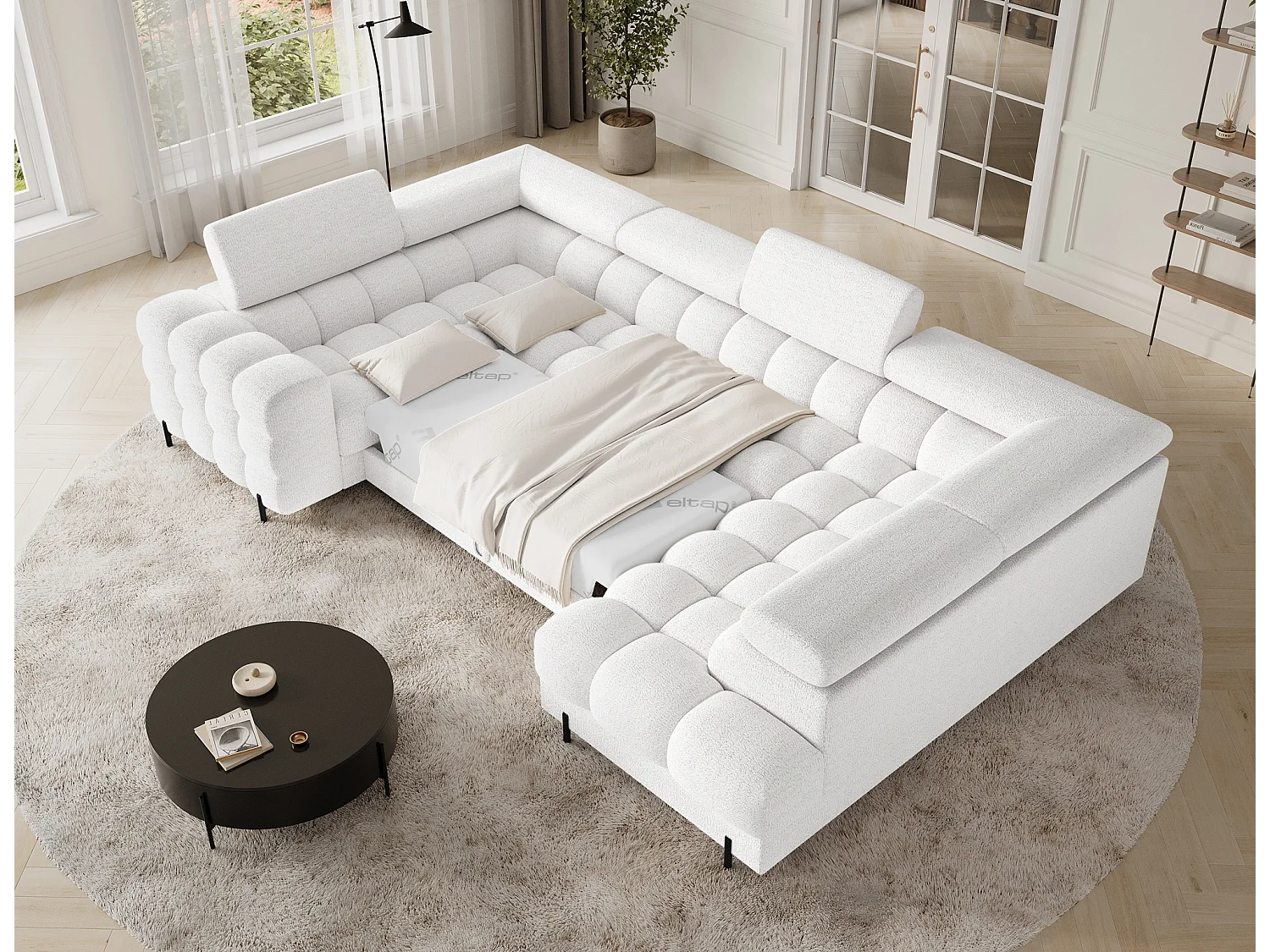 Canapé d'angle Brasilia UR/revêtement en tissu/lit et coffre de lit/Blanc-Bouclé