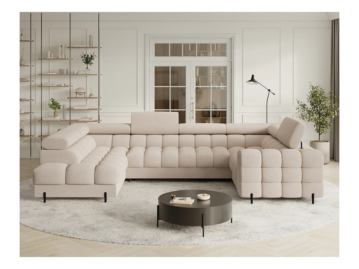 Grand canapé en U en tissu KARBON – Avec fonction lit et coffre-Beige clair-Méridienne A gauche