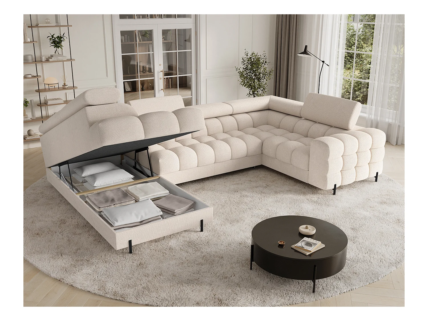 Grand canapé en U en tissu KARBON – Avec fonction lit et coffre-Beige clair-Méridienne A gauche