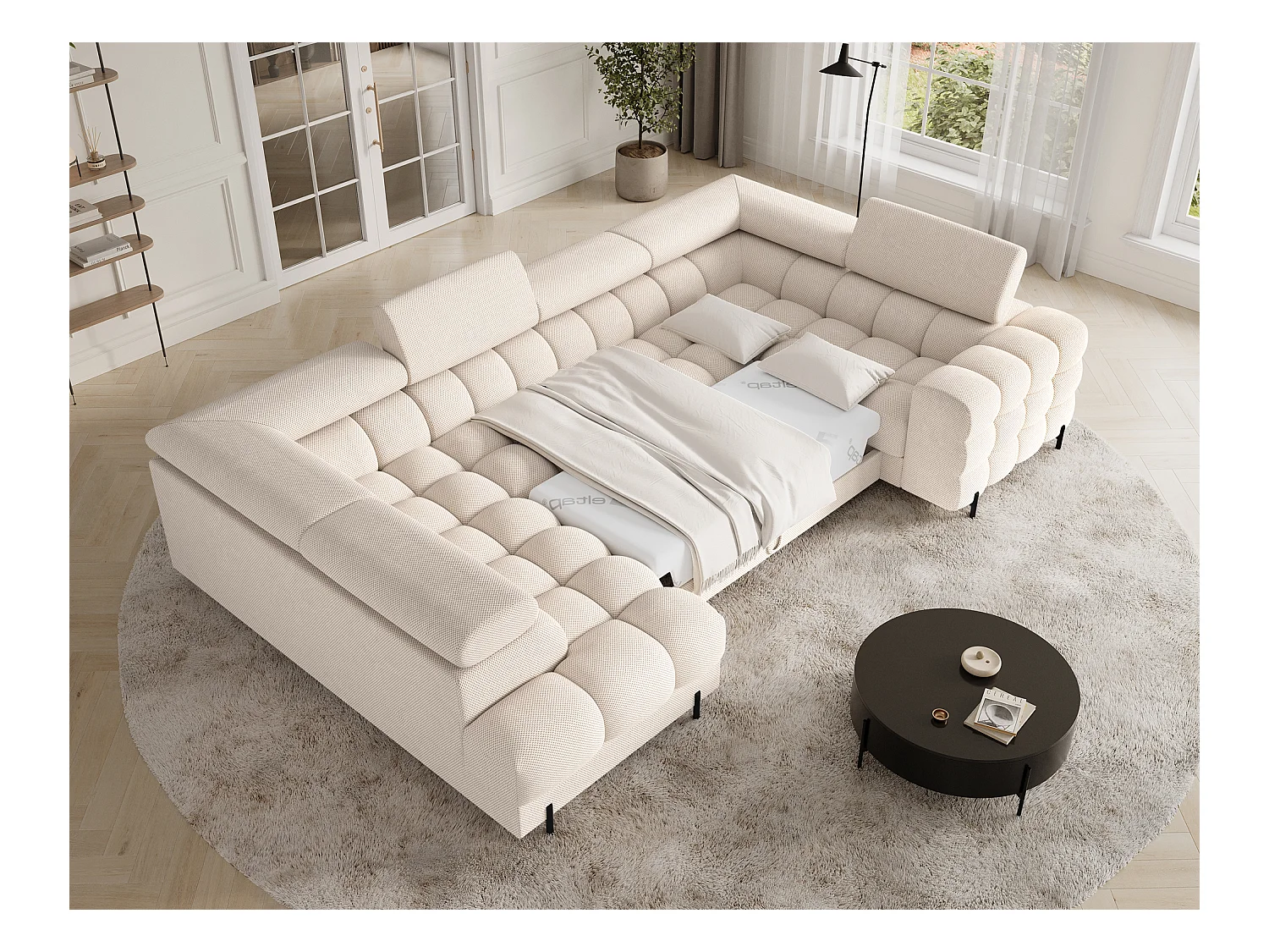 Grand canapé en U en tissu KARBON – Avec fonction lit et coffre-Beige clair-Méridienne A gauche