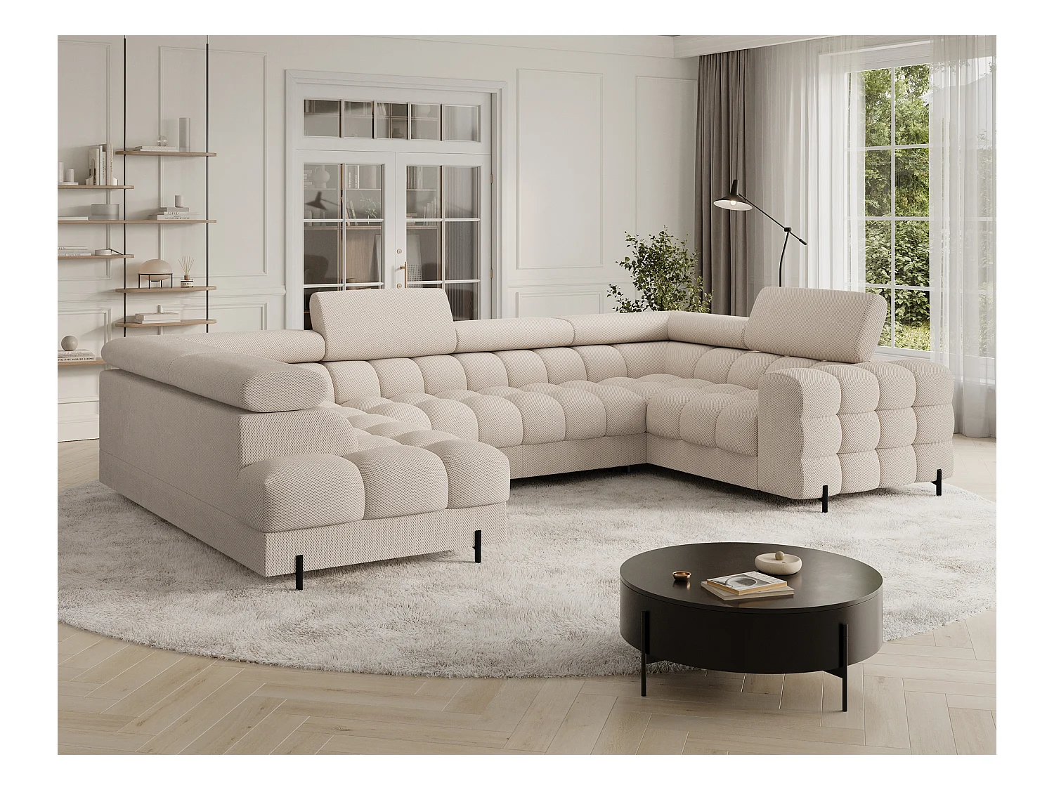 Grand canapé en U en tissu KARBON – Avec fonction lit et coffre-Beige clair-Méridienne A gauche