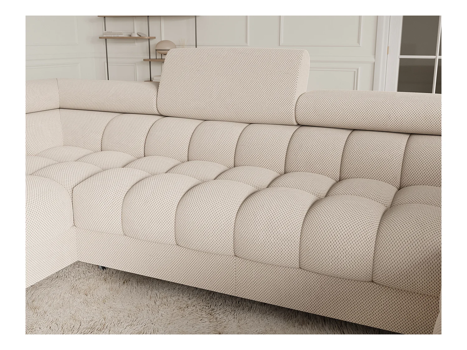 Grand canapé en U en tissu KARBON – Avec fonction lit et coffre-Beige clair-Méridienne A gauche