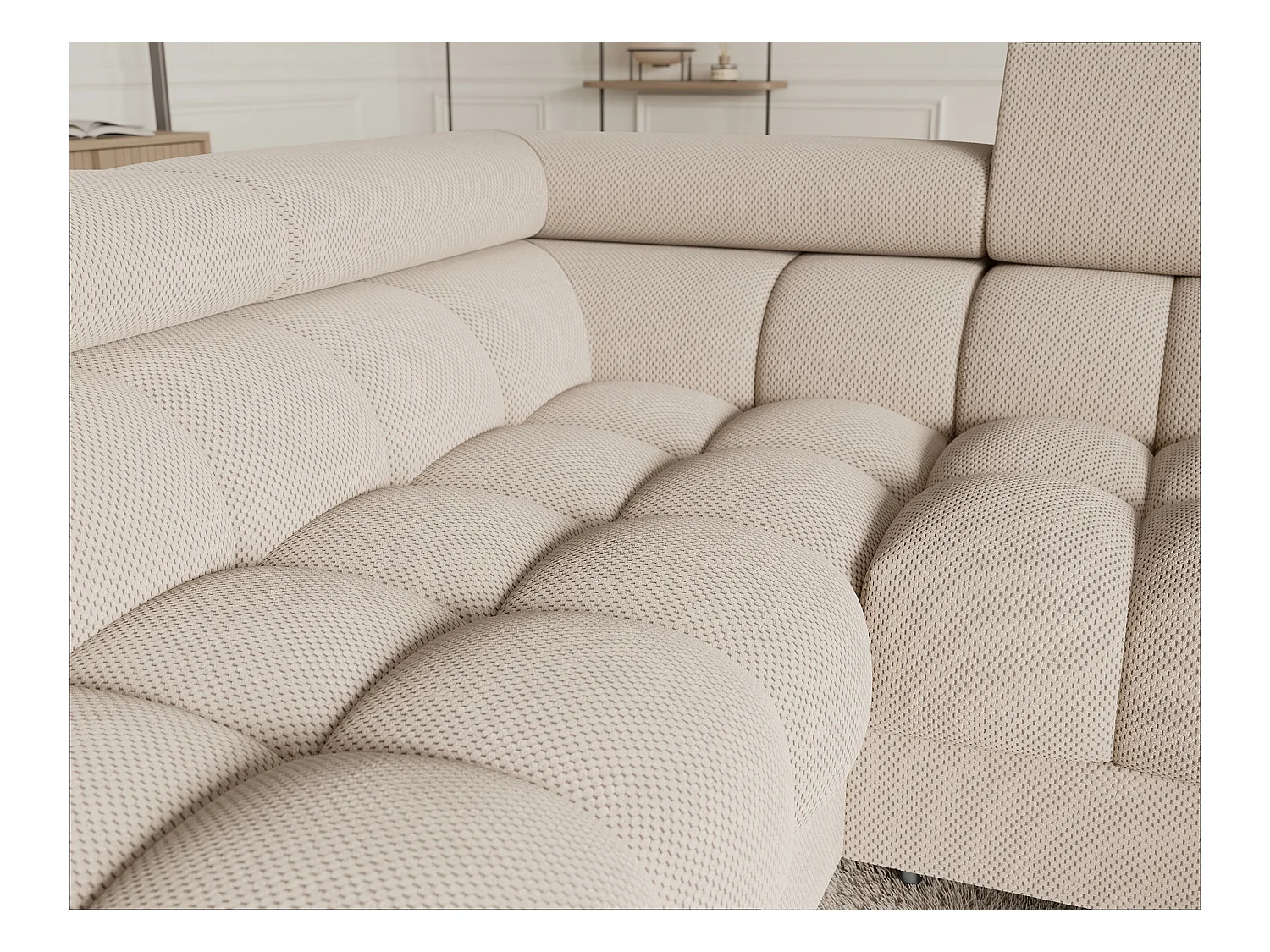 Grand canapé en U en tissu KARBON – Avec fonction lit et coffre-Beige clair-Méridienne A gauche