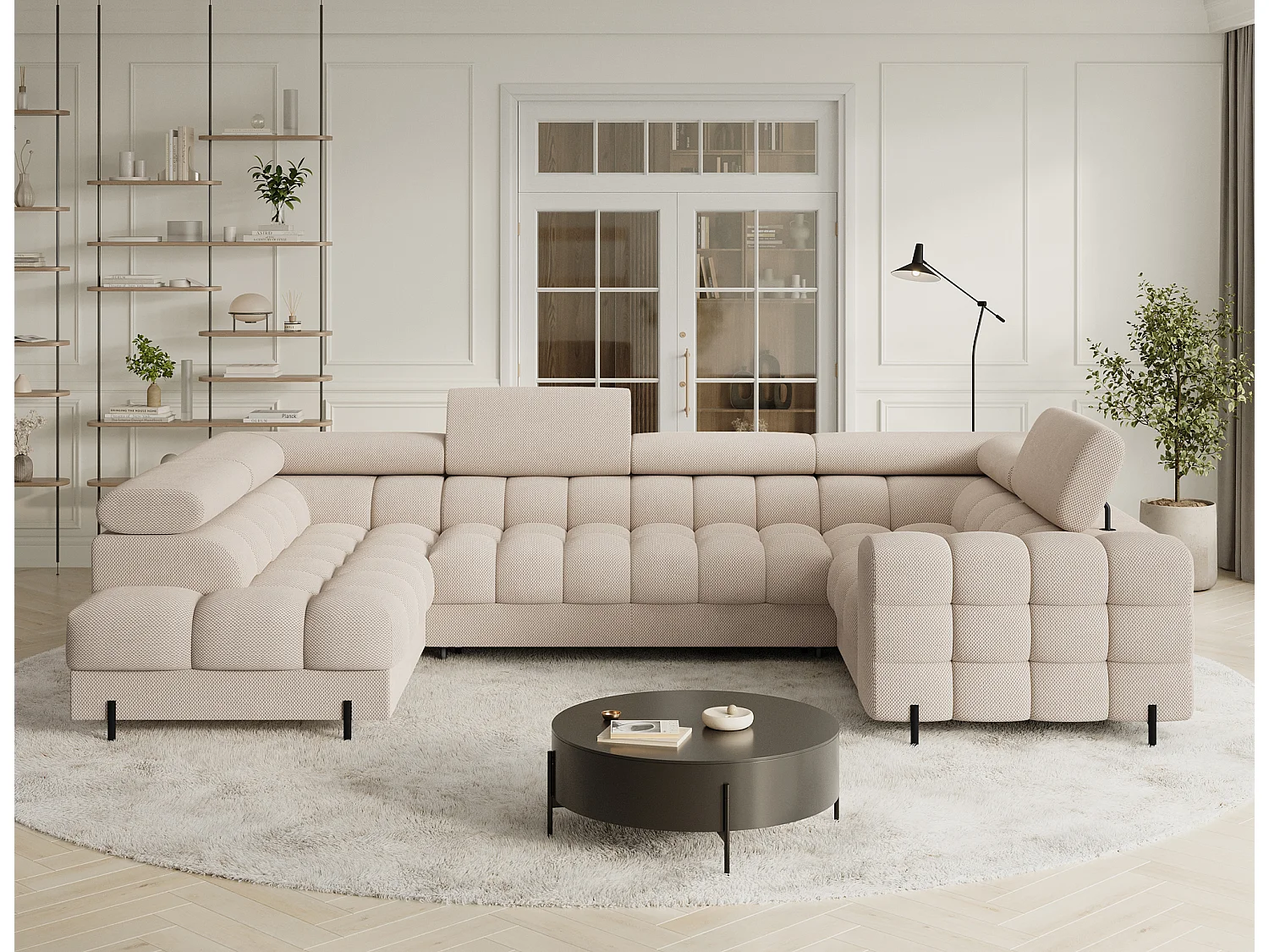 Grand canapé en U en tissu KARBON – Avec fonction lit et coffre-Beige clair-Méridienne A gauche