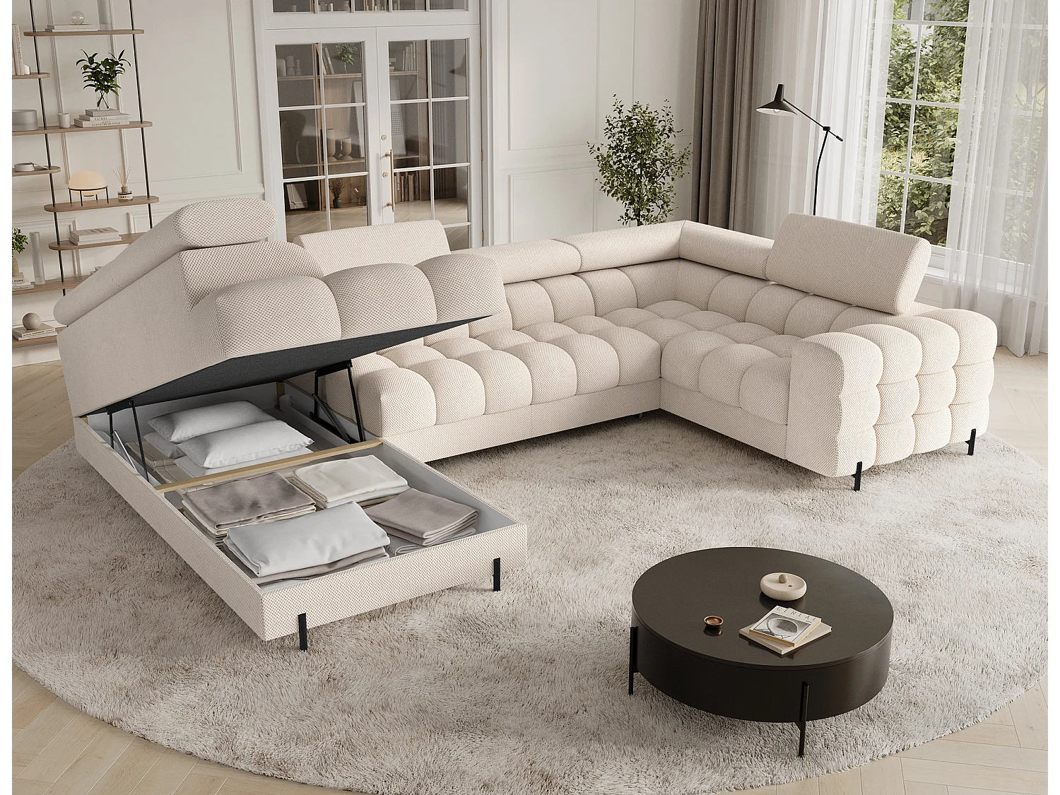 Grand canapé en U en tissu KARBON – Avec fonction lit et coffre-Beige clair-Méridienne A gauche