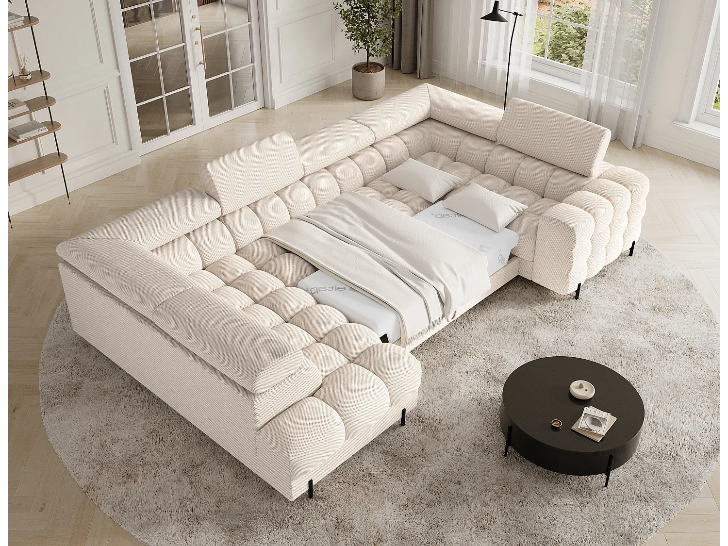 Grand canapé en U en tissu KARBON – Avec fonction lit et coffre-Beige clair-Méridienne A gauche