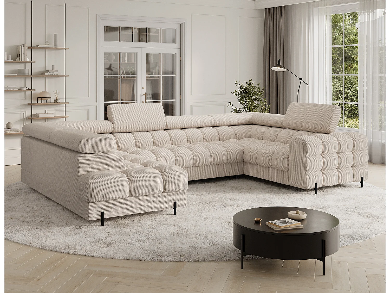 Grand canapé en U en tissu KARBON – Avec fonction lit et coffre-Beige clair-Méridienne A gauche