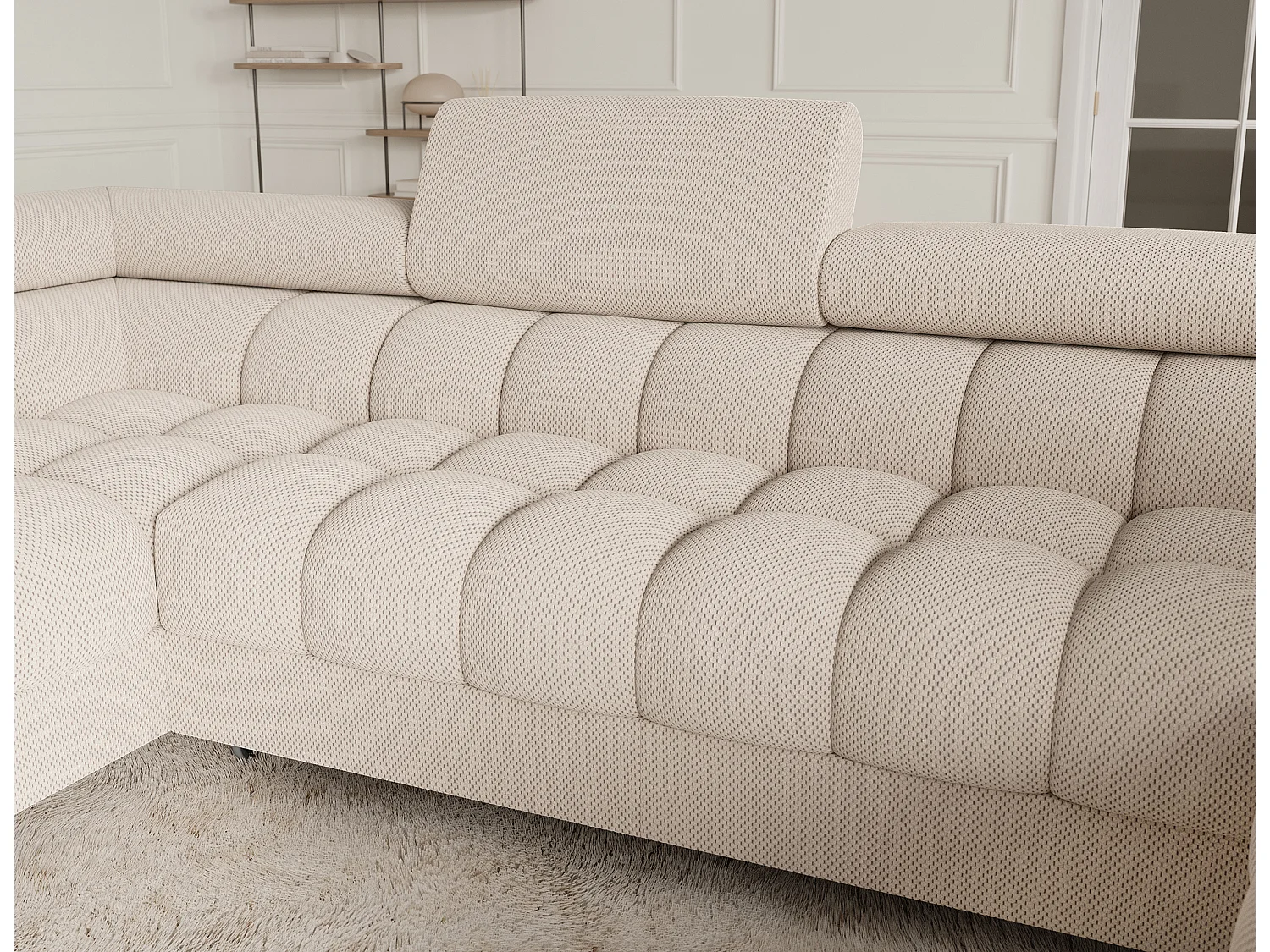 Grand canapé en U en tissu KARBON – Avec fonction lit et coffre-Beige clair-Méridienne A gauche