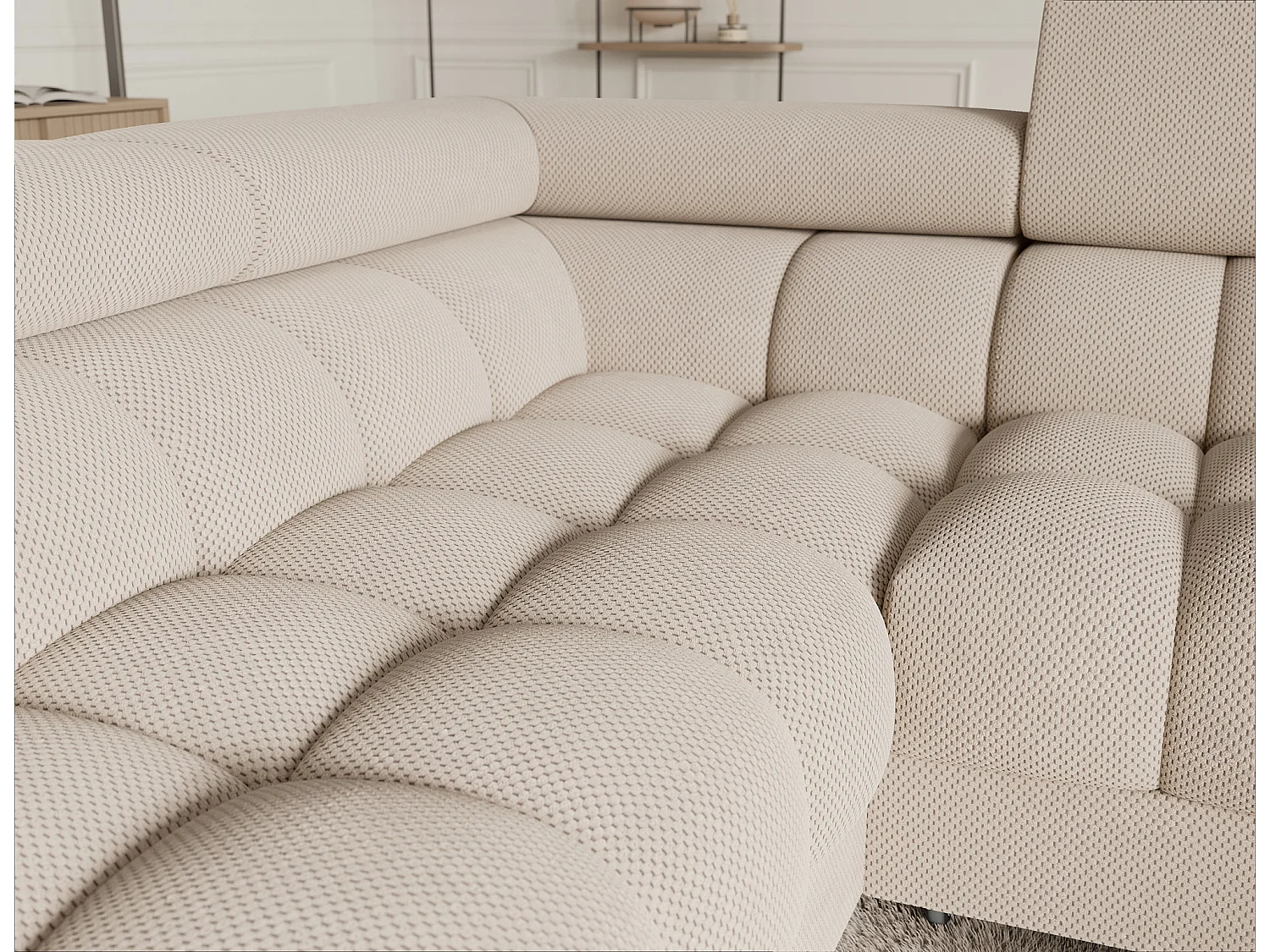 Grand canapé en U en tissu KARBON – Avec fonction lit et coffre-Beige clair-Méridienne A gauche