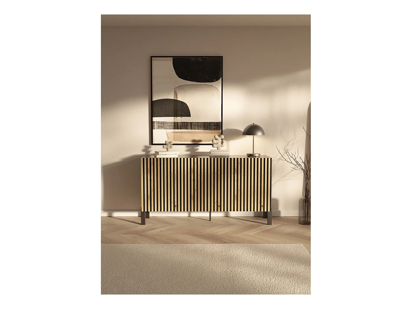 Sideboard 3-türig - drei Schubladen und Lamellenfront, 154 cm - Schwarz / Eiche Artisan - TELIRE