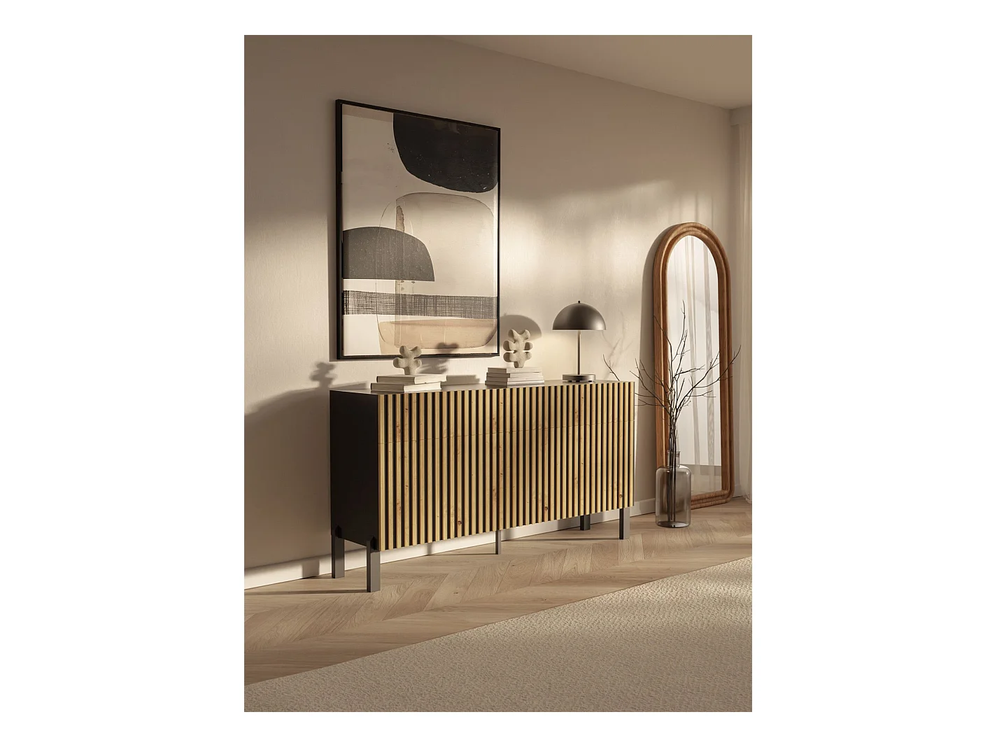 Sideboard 3-türig - drei Schubladen und Lamellenfront, 154 cm - Schwarz / Eiche Artisan - TELIRE