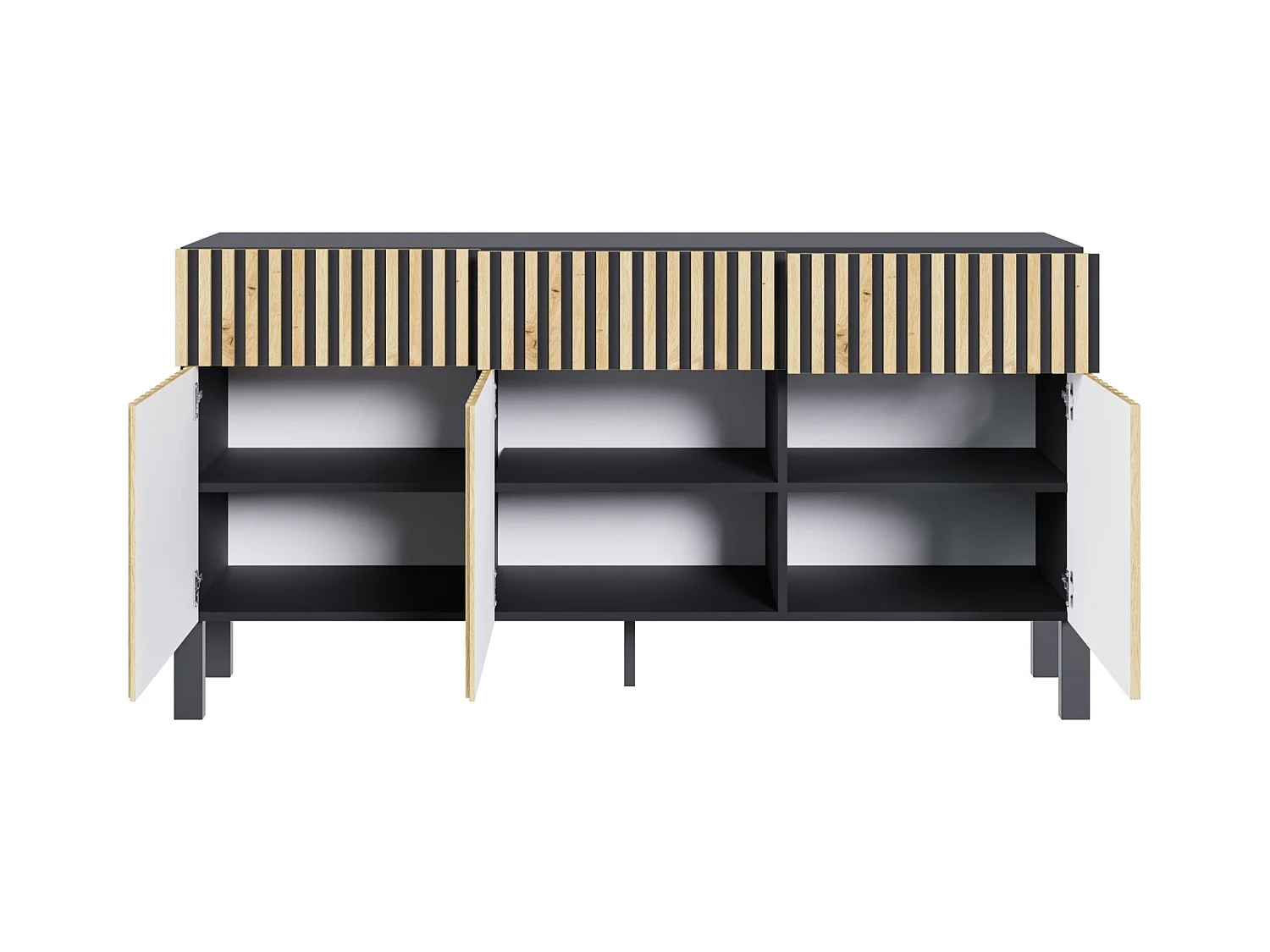 Sideboard 3-türig - drei Schubladen und Lamellenfront, 154 cm - Schwarz / Eiche Artisan - TELIRE