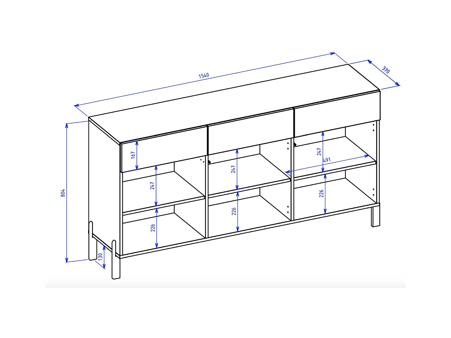 Sideboard 3-türig - drei Schubladen und Lamellenfront, 154 cm - Schwarz / Eiche Artisan - TELIRE