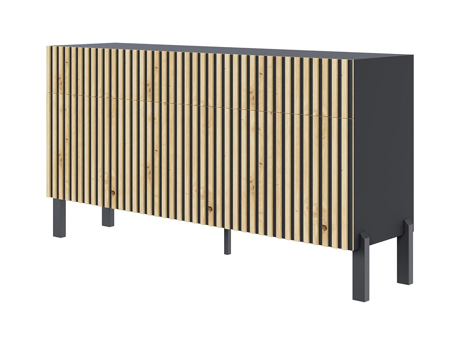 Sideboard 3-türig - drei Schubladen und Lamellenfront, 154 cm - Schwarz / Eiche Artisan - TELIRE