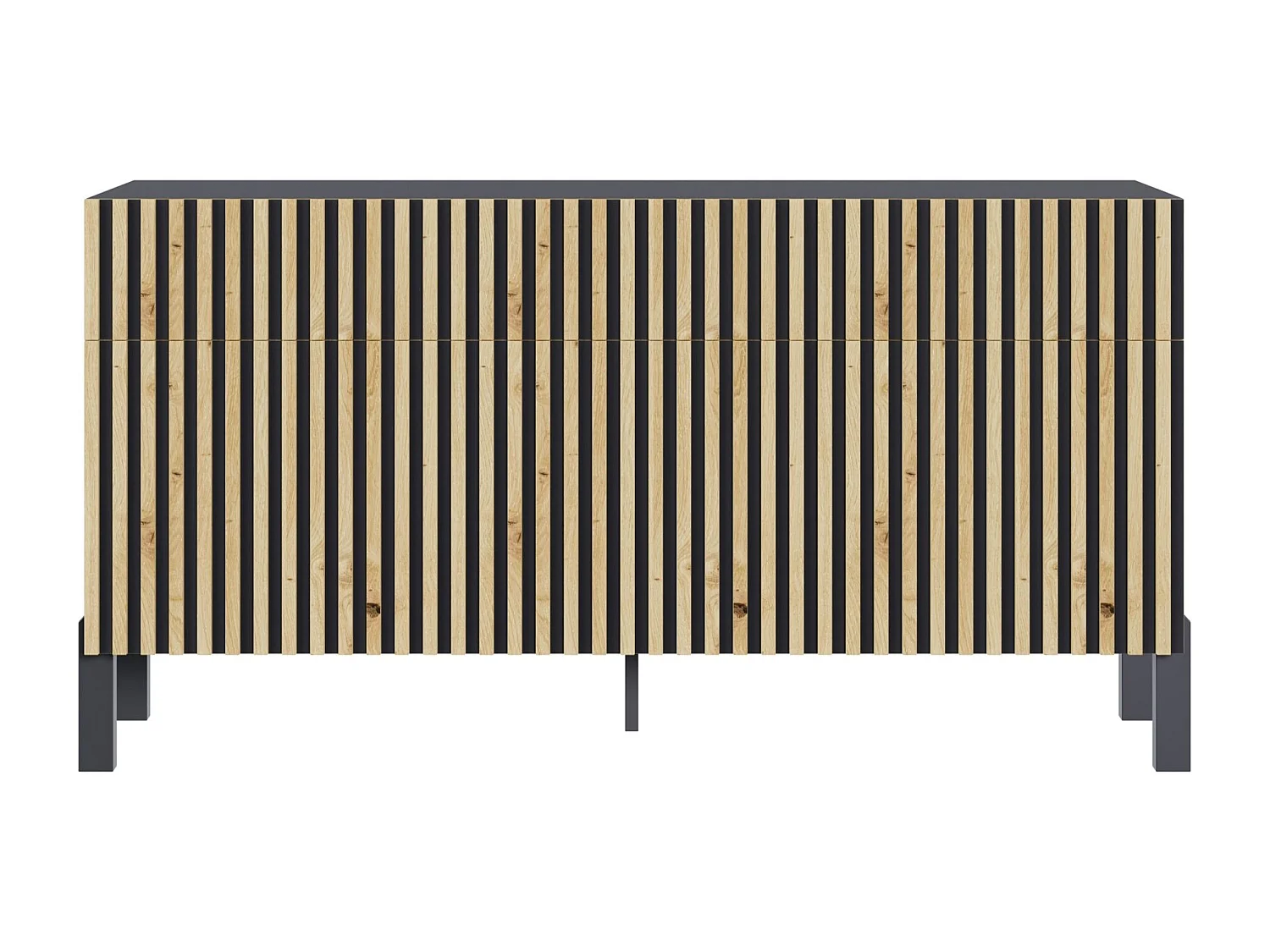 Sideboard 3-türig - drei Schubladen und Lamellenfront, 154 cm - Schwarz / Eiche Artisan - TELIRE