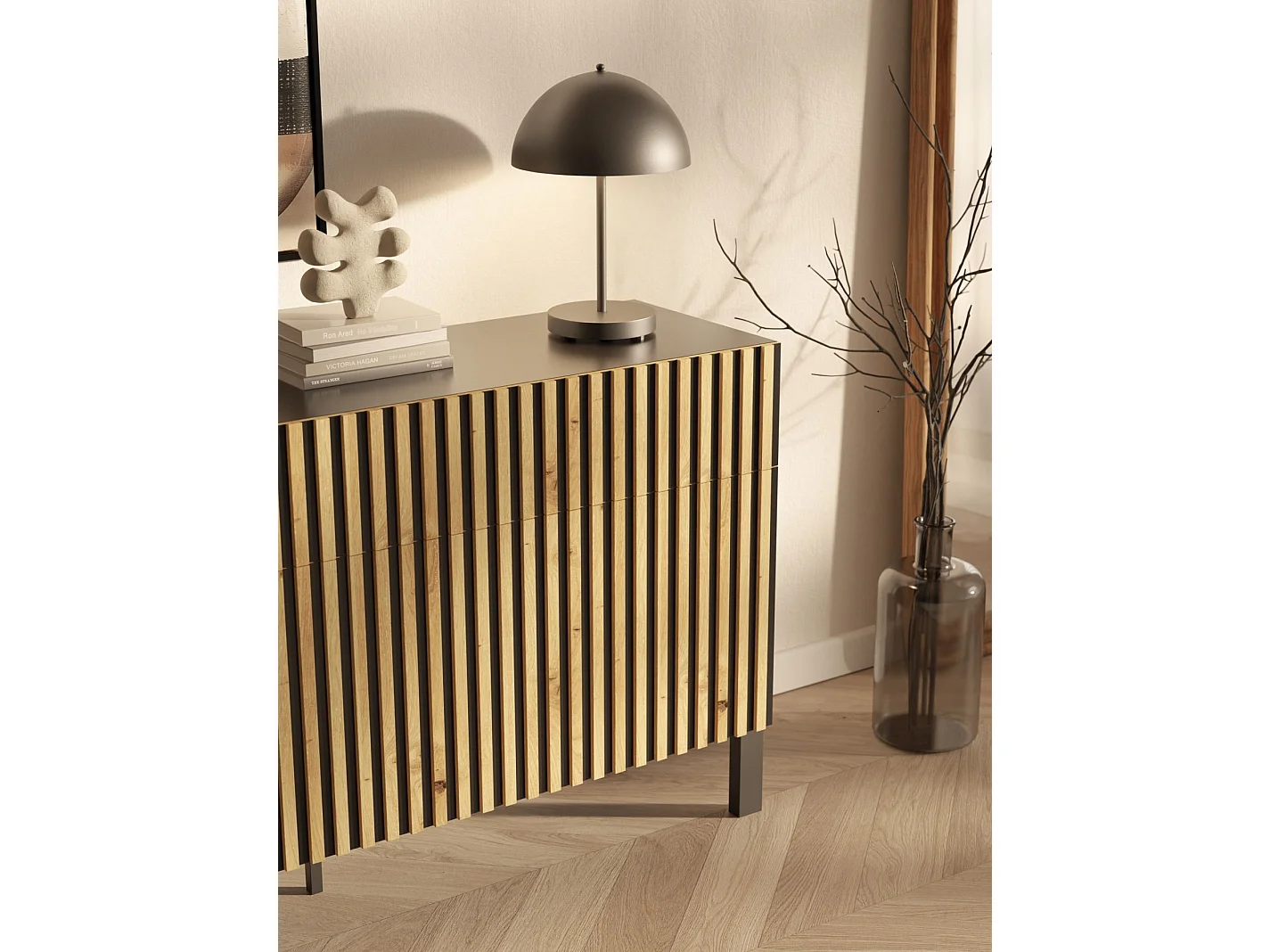 Sideboard 3-türig - drei Schubladen und Lamellenfront, 154 cm - Schwarz / Eiche Artisan - TELIRE