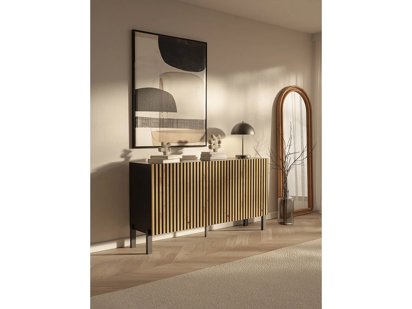 Buffet 3 portes – trois tiroirs et façade à lamelles – 154 cm – noir/chêne artisan – TELIRE