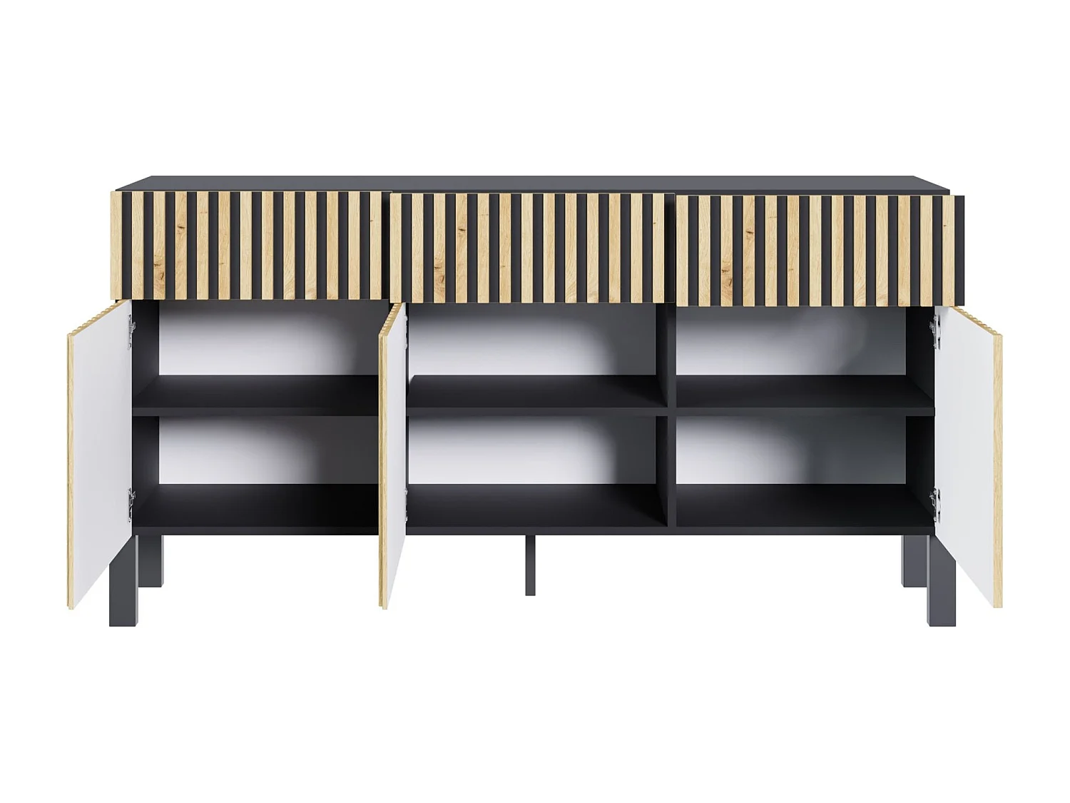 Buffet 3 portes – trois tiroirs et façade à lamelles – 154 cm – noir/chêne artisan – TELIRE
