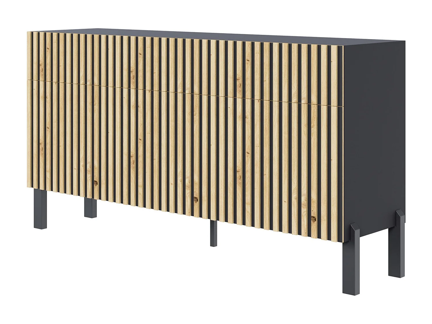 Buffet 3 portes – trois tiroirs et façade à lamelles – 154 cm – noir/chêne artisan – TELIRE