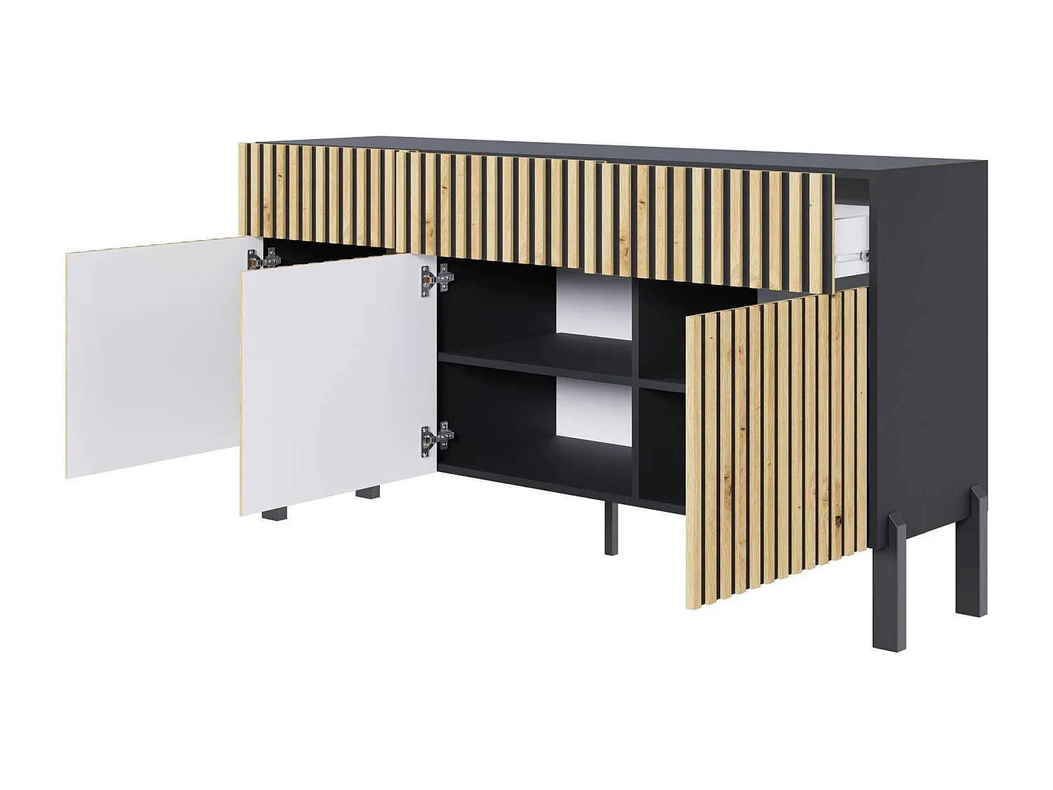 Buffet 3 portes – trois tiroirs et façade à lamelles – 154 cm – noir/chêne artisan – TELIRE