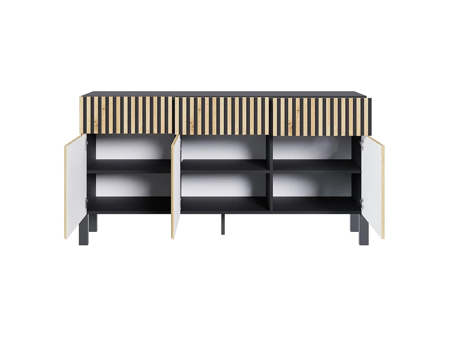 Buffet 3 portes – trois tiroirs et façade à lamelles – 154 cm – noir/chêne artisan – TELIRE