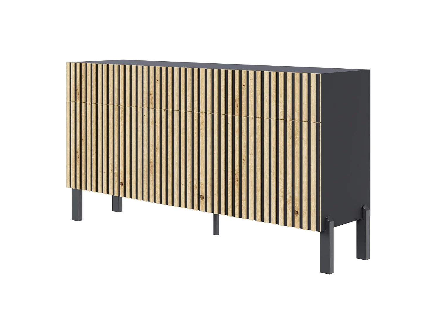 Buffet 3 portes – trois tiroirs et façade à lamelles – 154 cm – noir/chêne artisan – TELIRE