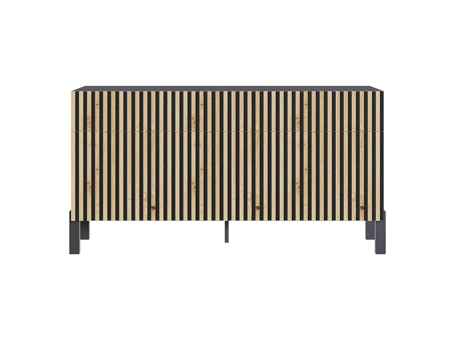 Buffet 3 portes – trois tiroirs et façade à lamelles – 154 cm – noir/chêne artisan – TELIRE
