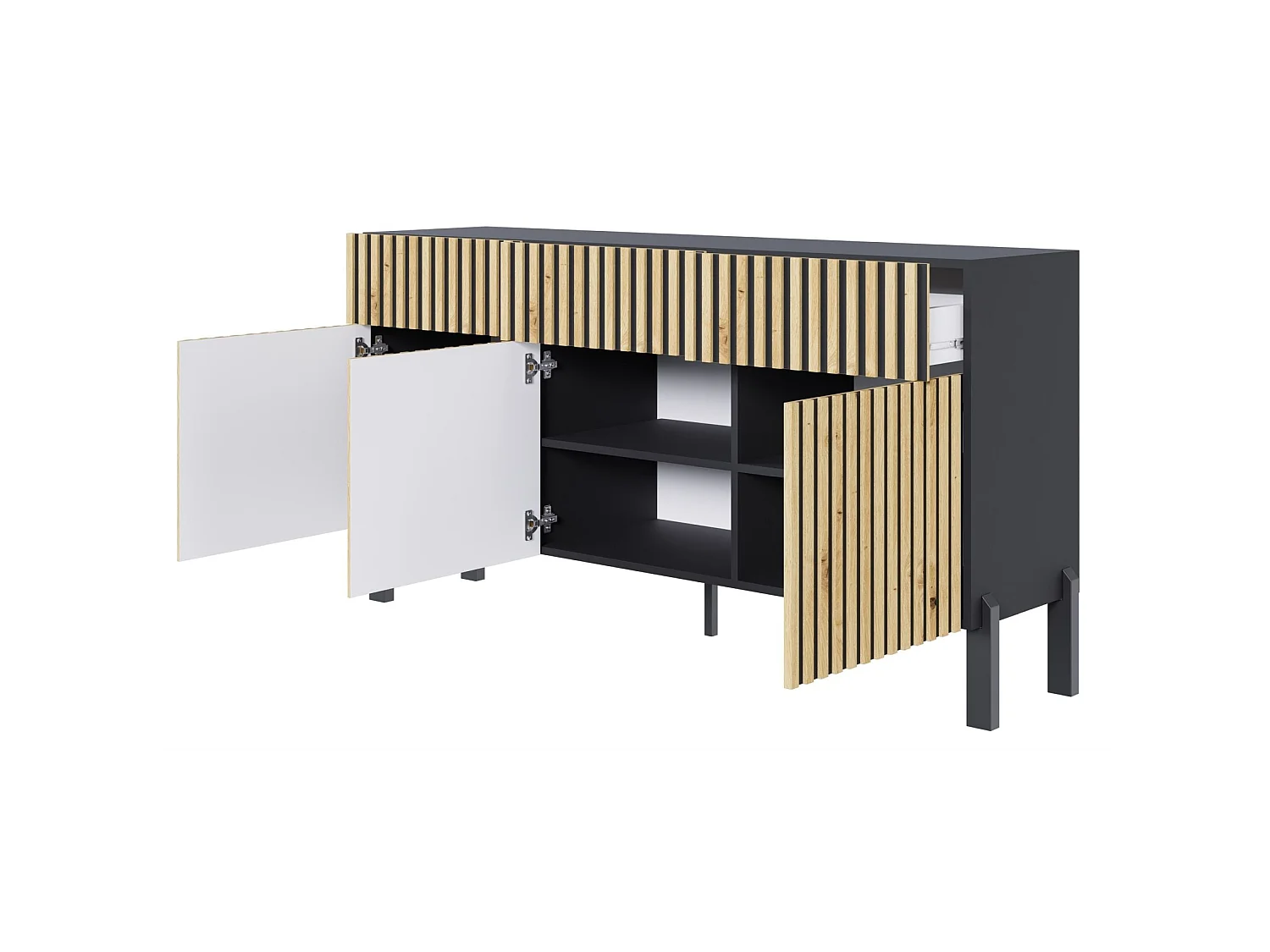 Buffet 3 portes – trois tiroirs et façade à lamelles – 154 cm – noir/chêne artisan – TELIRE
