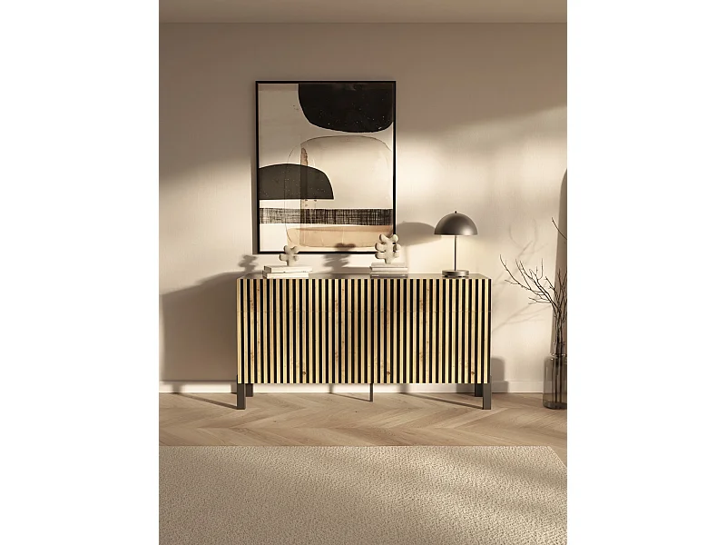 Buffet 3 portes – trois tiroirs et façade à lamelles – 154 cm – noir/chêne artisan – TELIRE