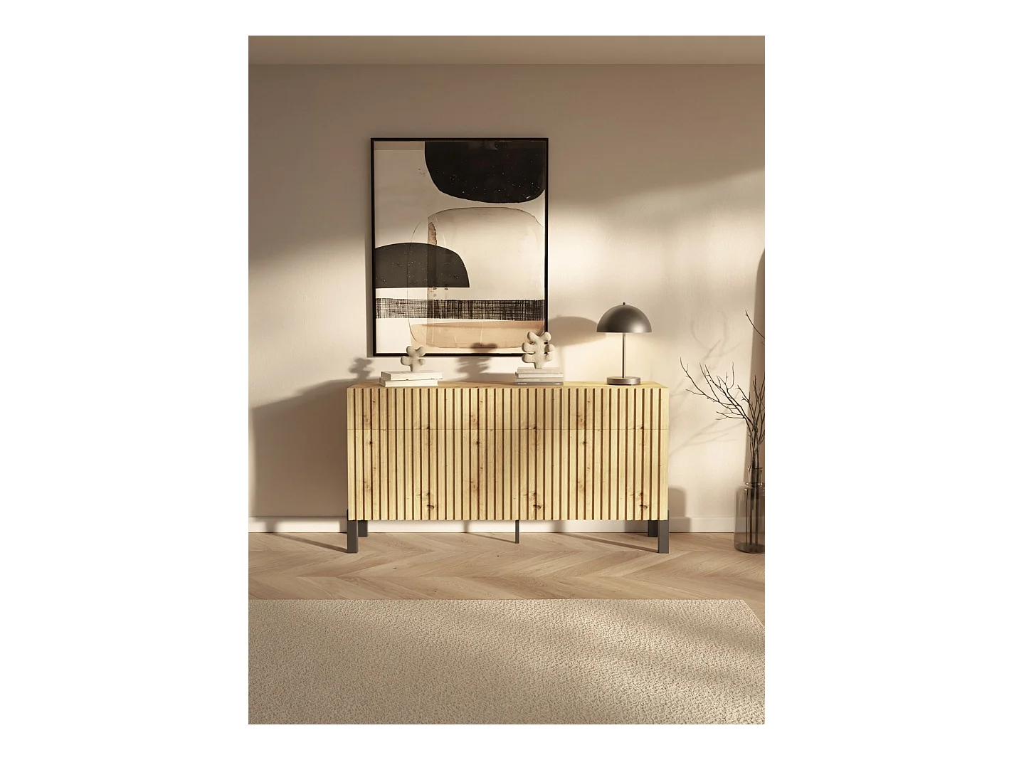 Buffet 3 portes – trois tiroirs et façade à lamelles – 154 cm – chêne artisan – TELIRE