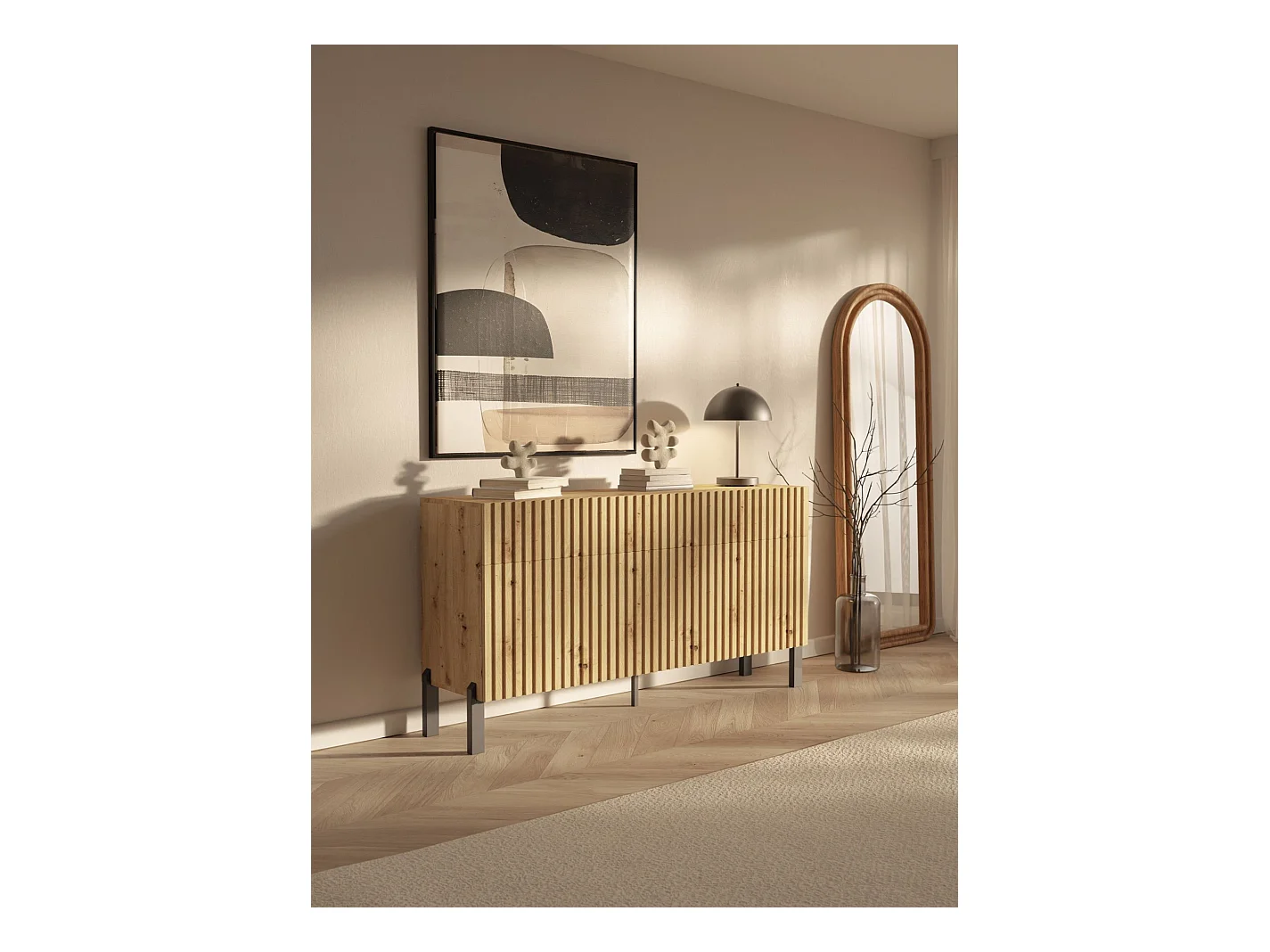 Buffet 3 portes – trois tiroirs et façade à lamelles – 154 cm – chêne artisan – TELIRE