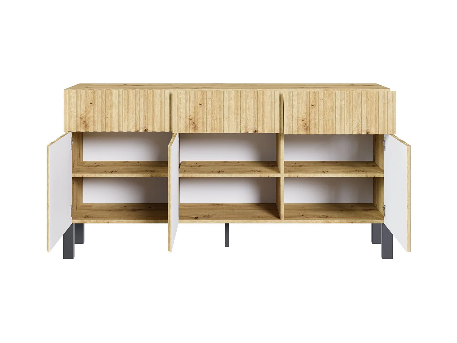 Buffet 3 portes – trois tiroirs et façade à lamelles – 154 cm – chêne artisan – TELIRE