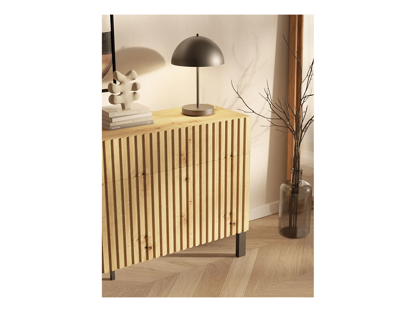 Buffet 3 portes – trois tiroirs et façade à lamelles – 154 cm – chêne artisan – TELIRE