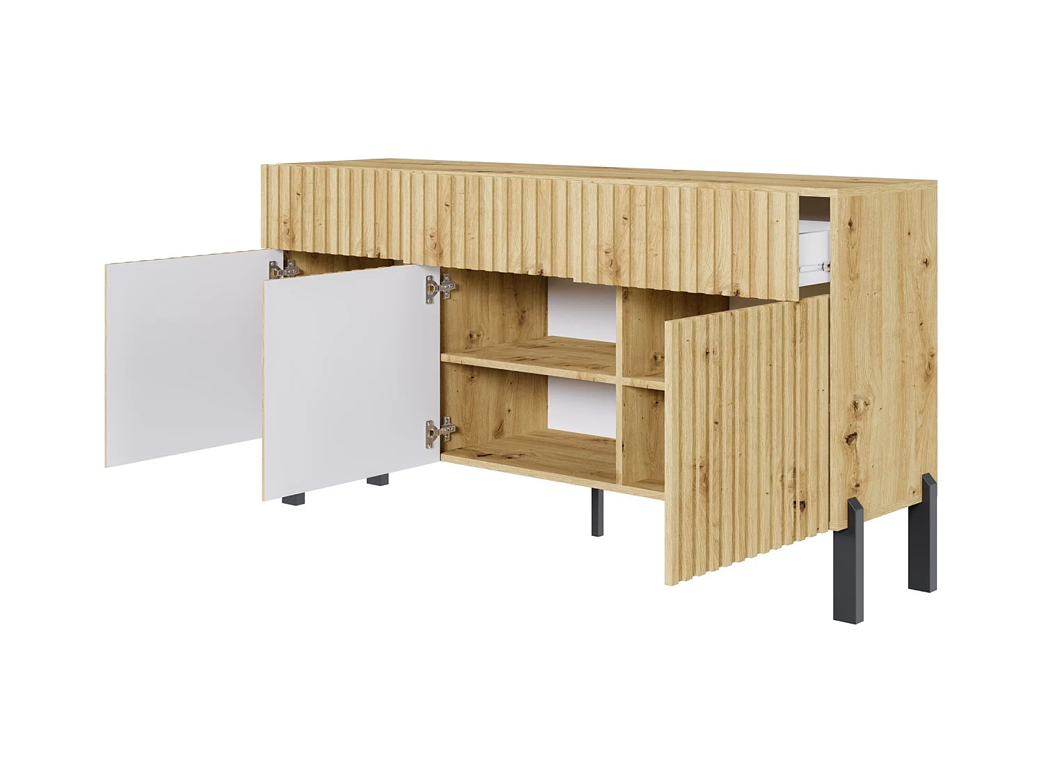 Buffet 3 portes – trois tiroirs et façade à lamelles – 154 cm – chêne artisan – TELIRE