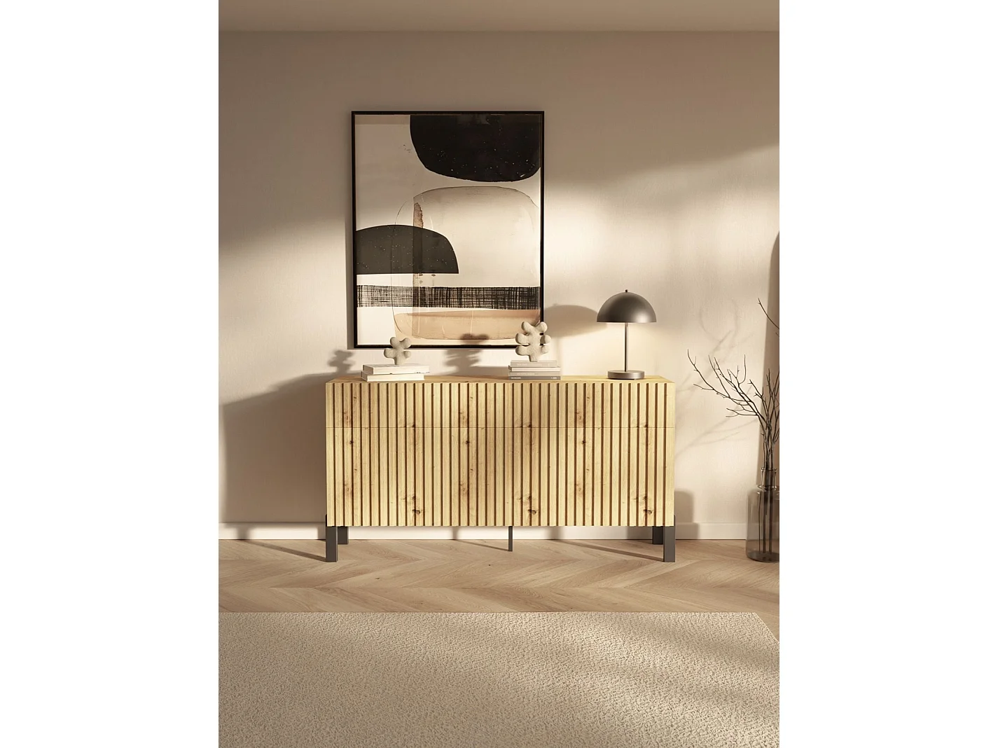 Buffet 3 portes – trois tiroirs et façade à lamelles – 154 cm – chêne artisan – TELIRE