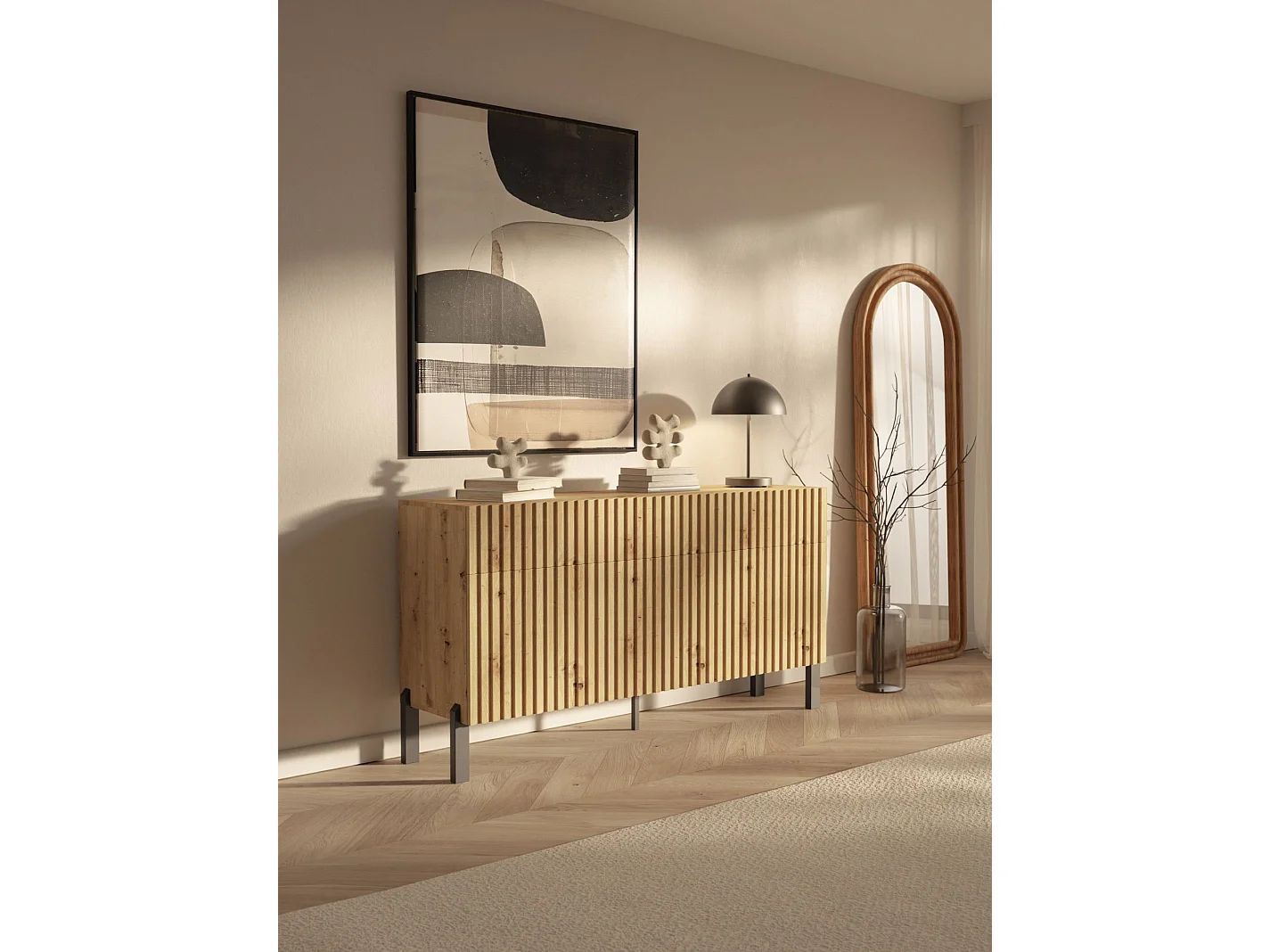 Buffet 3 portes – trois tiroirs et façade à lamelles – 154 cm – chêne artisan – TELIRE