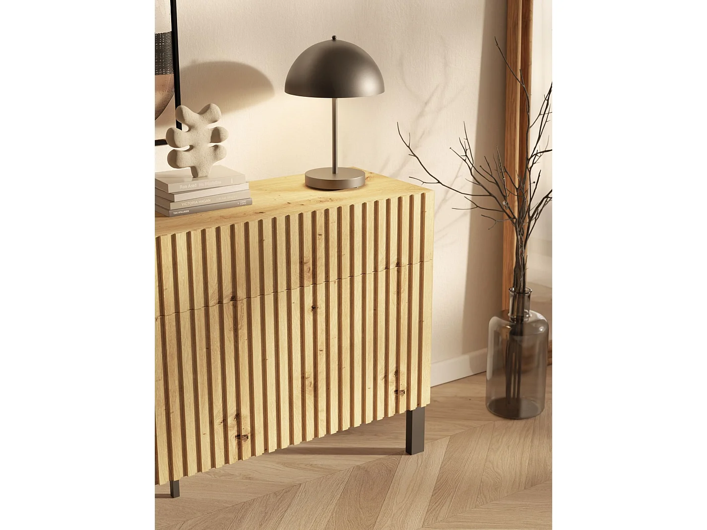 Buffet 3 portes – trois tiroirs et façade à lamelles – 154 cm – chêne artisan – TELIRE