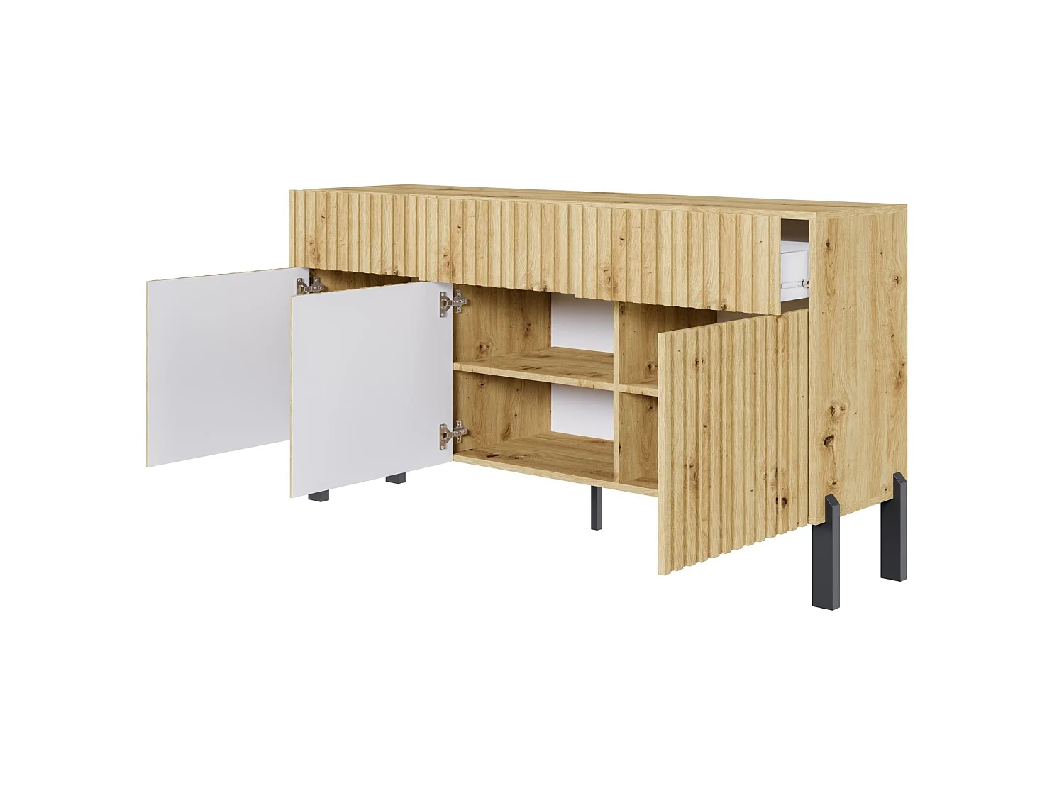 Buffet 3 portes – trois tiroirs et façade à lamelles – 154 cm – chêne artisan – TELIRE