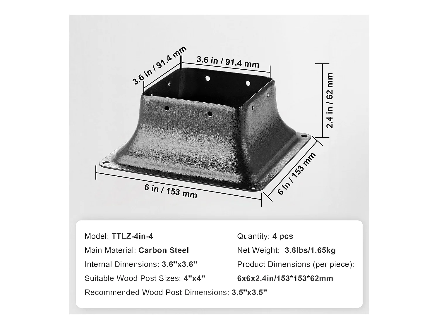Kit de Supports SucceBuy Lot de 4 Supports de Base de Poteau Robustes 10 × 10 cm pour Ancrages en Bois Standard