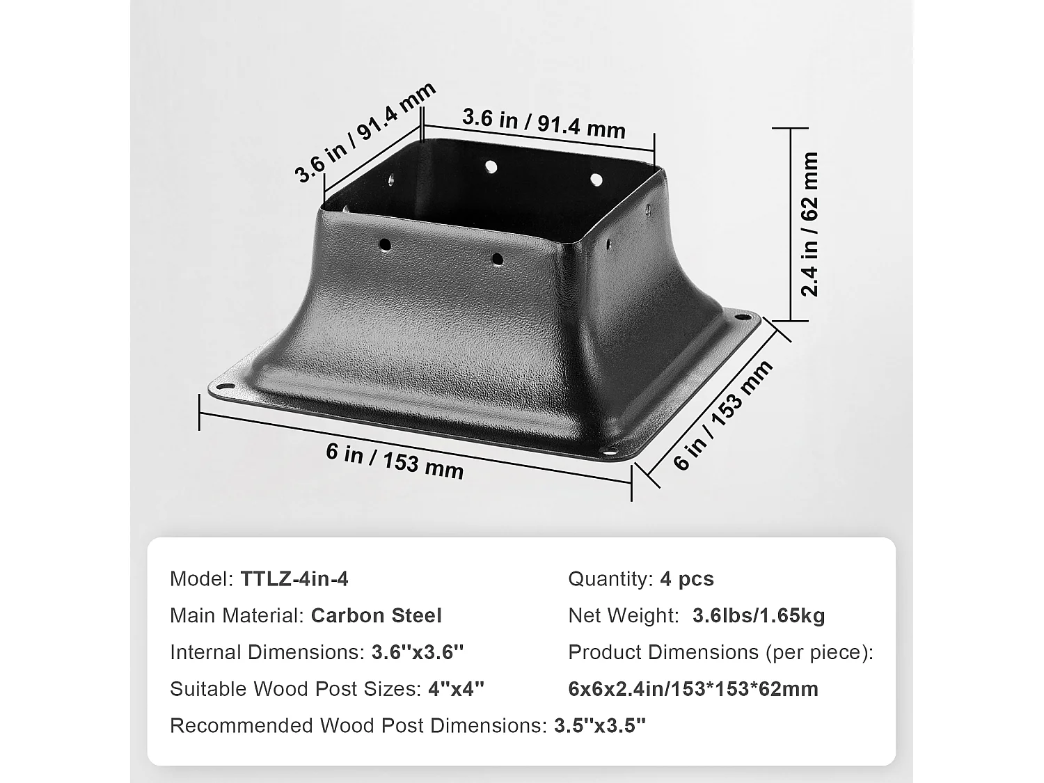 Kit de Supports SucceBuy Lot de 4 Supports de Base de Poteau Robustes 10 × 10 cm pour Ancrages en Bois Standard