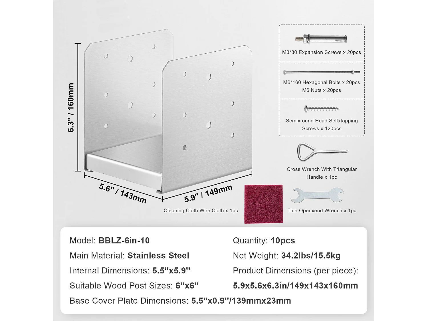 Kit de Supports SucceBuy Lot de 10 Supports d'Ancrage Réglables pour Poteaux de Terrasse en Béton 15 × 15 cm