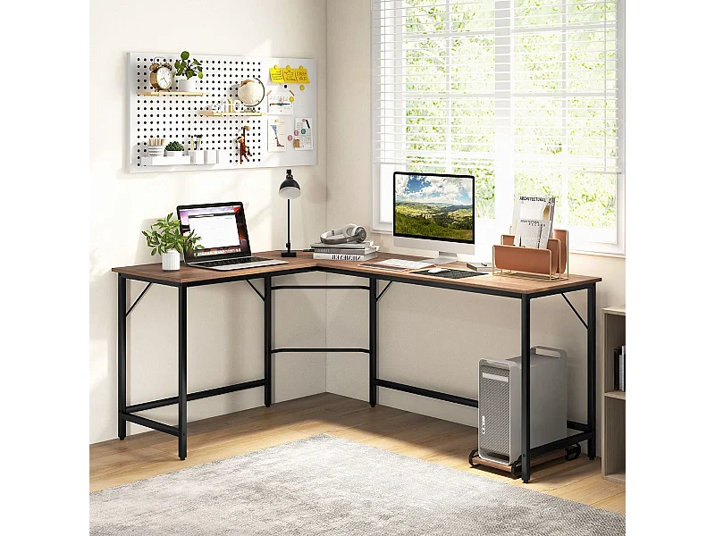 Bureau d'Angle avec Prise de Courant Bureau d'Angle de 168 cm avec Support UC Cadre en Métal Robuste Bureau d'Etudes Naturel