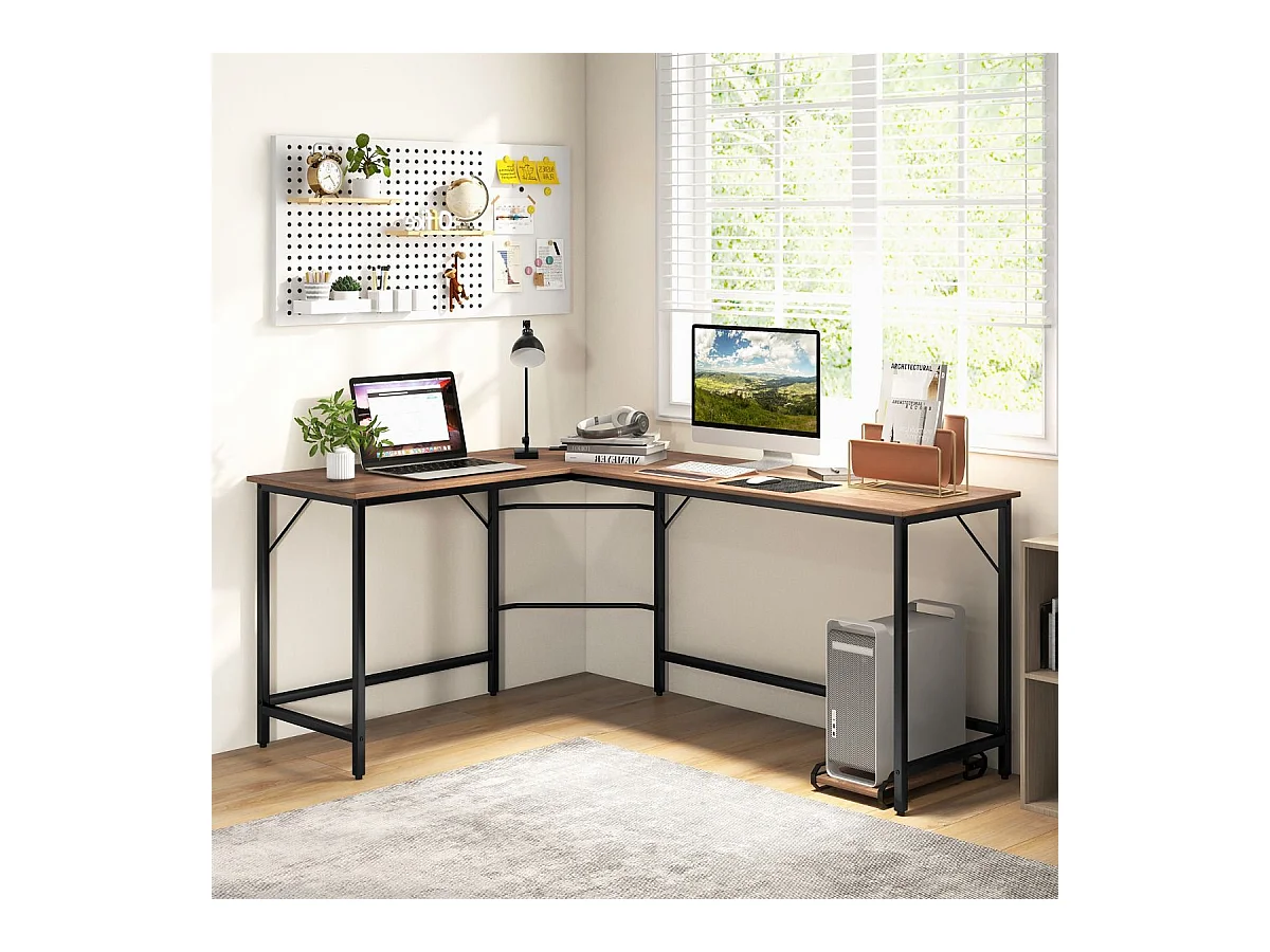 Scrivania ad angolo a L con presa di corrente, Scrivania per computer da 168cm con supporto CPU e telaio in metallo Naturale