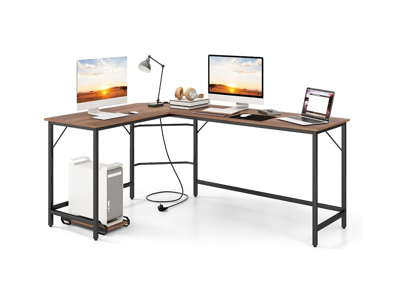 Scrivania ad angolo a L con presa di corrente, Scrivania per computer da 168cm con supporto CPU e telaio in metallo Naturale