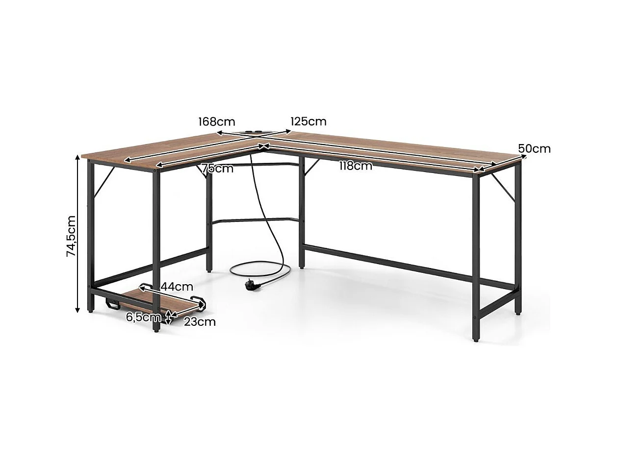 Scrivania ad angolo a L con presa di corrente, Scrivania per computer da 168cm con supporto CPU e telaio in metallo Naturale