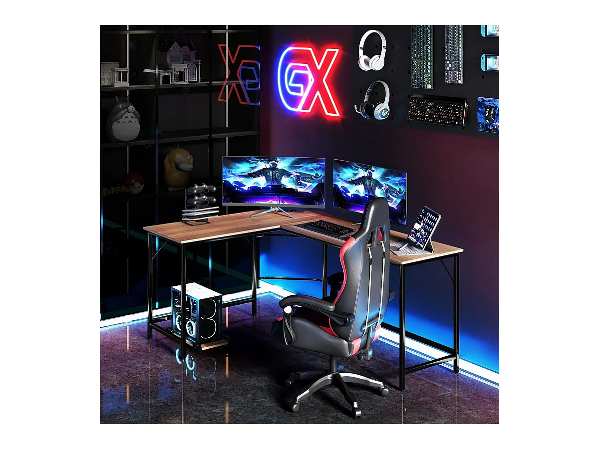 Scrivania ad angolo a L con presa di corrente, Scrivania per computer da 168cm con supporto CPU e telaio in metallo Naturale